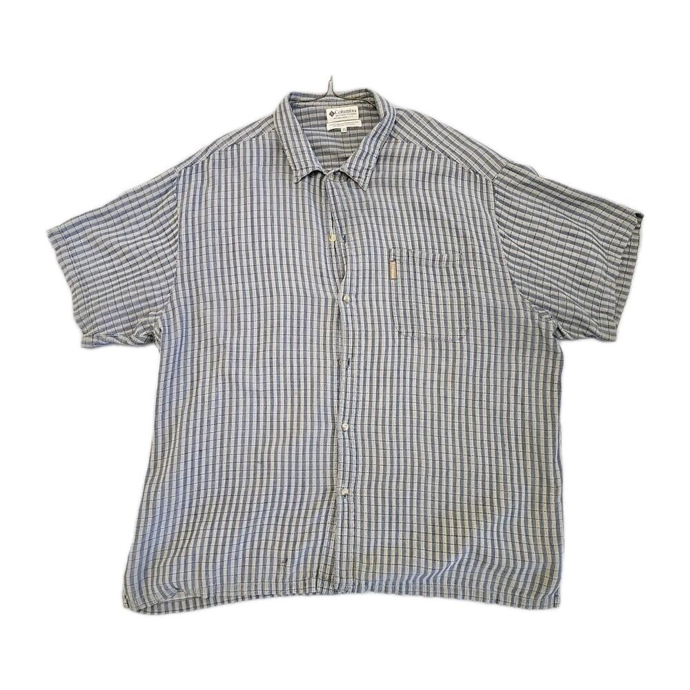 Columbia Mens Button Front Short Sleeve Plaid Logo Shirt 3XL FISHING Gray Blue